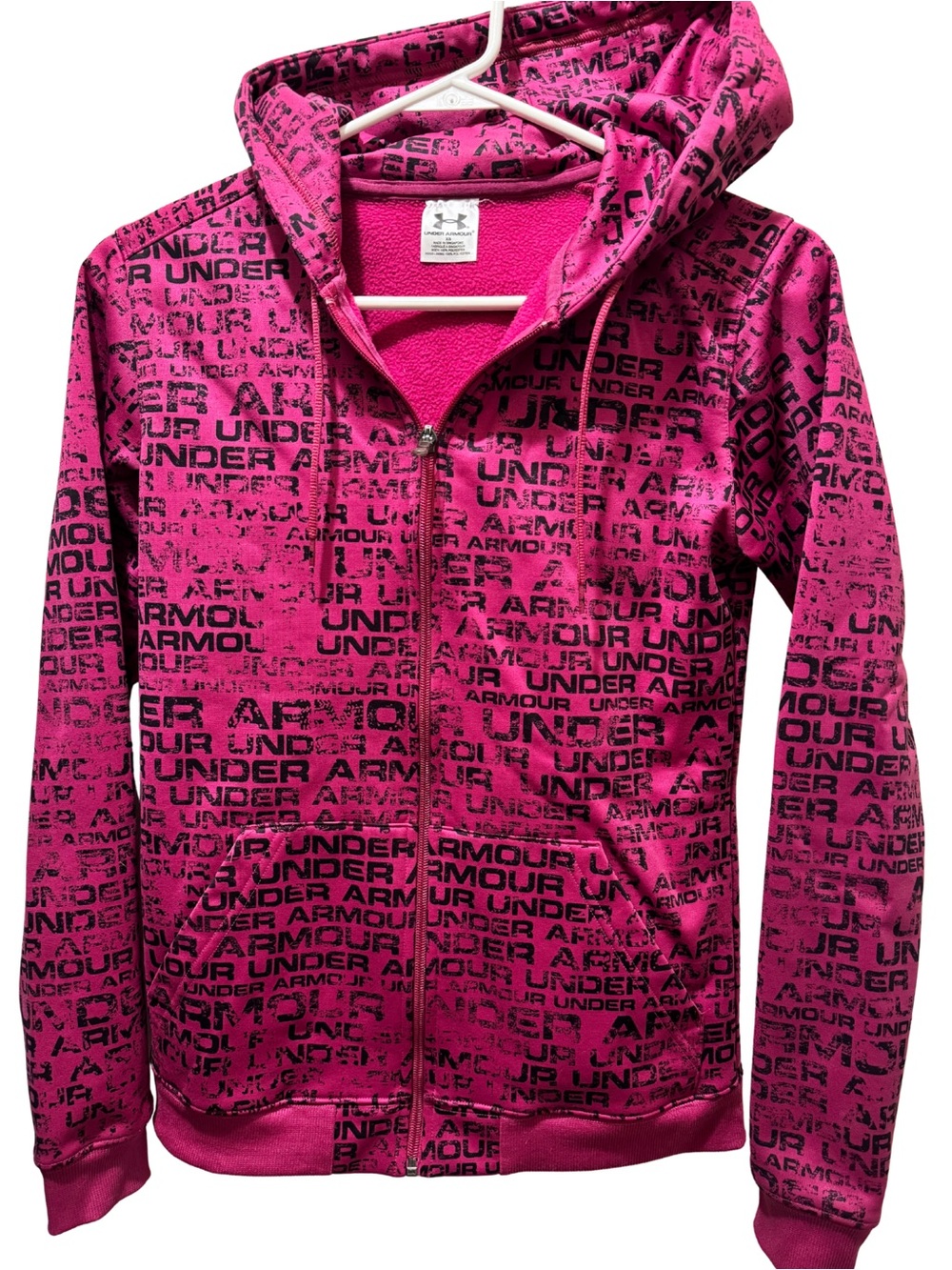 Under Armour Pink Full-Zip Hoodie with Black Logo Print Womens XS